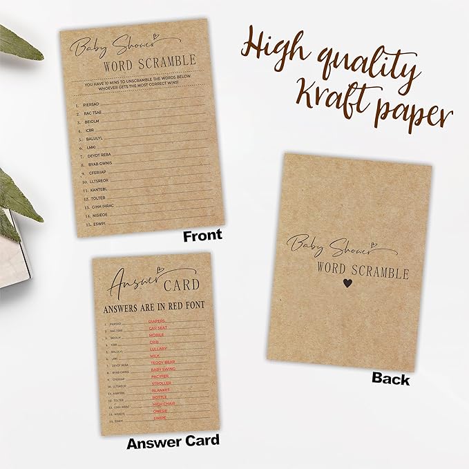 Baby Shower WORD SCRAMBLE -Baby Shower Game kit, 30 Praft Paper game cards With 1 Answer Card, Gender Reveal Games,Baby Shower Ideas Games Gender Neutral Party,Party Game & Activities- A13