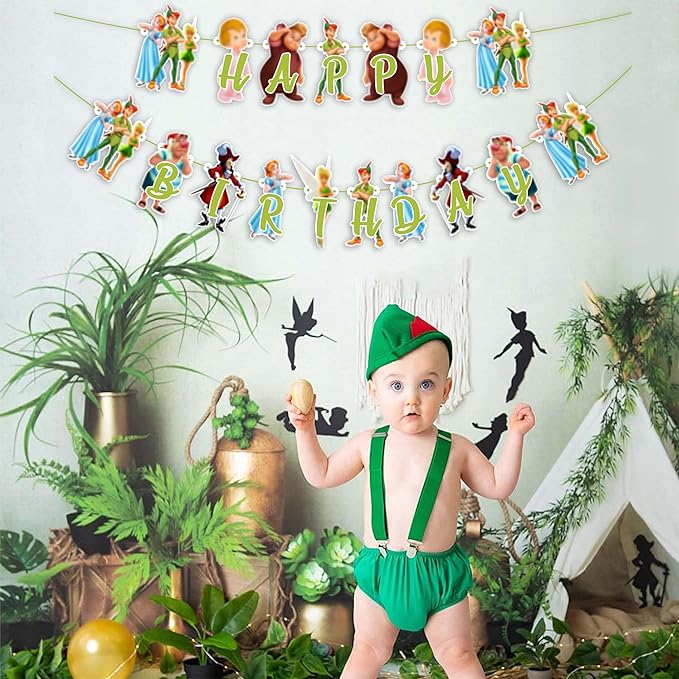 "Petr Pan Happy Birthday Banner – Fairy Tale Neverland Theme Party Decoration – Magical Cartoon Birthday Supplies for Boys, Girls, and Adults – Perfect for Family Parties, and Themed Events"