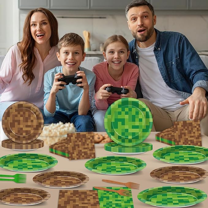 96Pcs Pixel Party Paper Plates and Napkins Video Game Party Decorations Pixel Paper Dessert Plates Mining Gaming Disposable Tableware Set Boys Girls Kids Teenagers Birthday Supplies 24 Guests