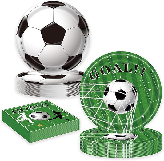 LYFREE 60 Pcs Soccer Paper Plates and Napkins Birthday Party Supplies Disposable 9 Inch Dinner Plate 7 Inch Dessert Dinnerware Set for Sports Birthday Party Soccer Fans Decorations Serve 20