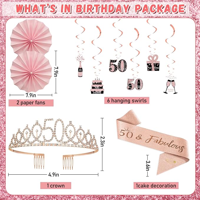 50th Birthday Decorations for Women - Rose Gold 37Pcs All-in-One Party Kit with Banner, Backdrop, Tiara, Sash, Cake Topper, Latex Balloons, Hanging Swirls, Centerpieces