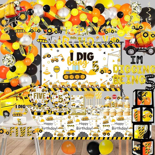 345 Pcs Construction 5th Birthday Party Supplies, Dump Truck Five Years Old Party Decorations Include Backdrop, Balloons Box, Hanging Swirls, Tablecloth, Plates, Cake Toppers, Balloons Garland Kit