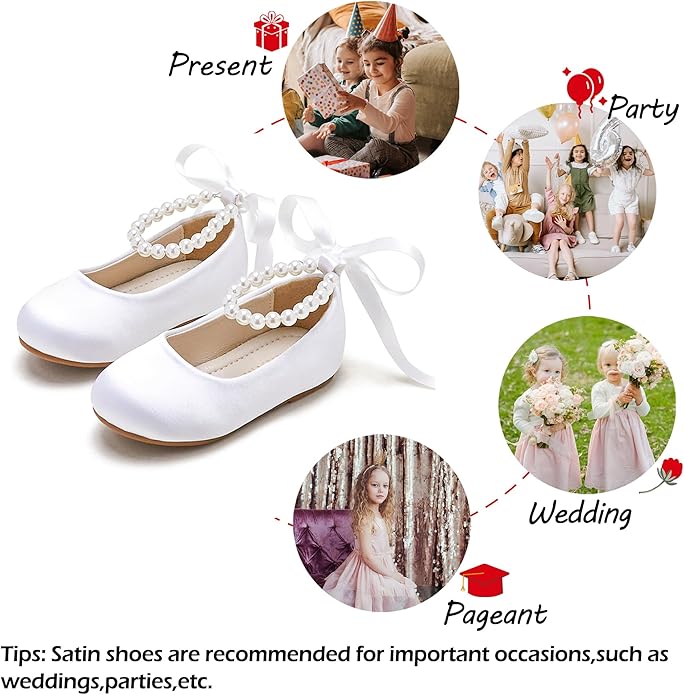 Toddler Flower Girl Dress Shoes - Little Girl Ballet Flats Pearl Strap for Wedding Party