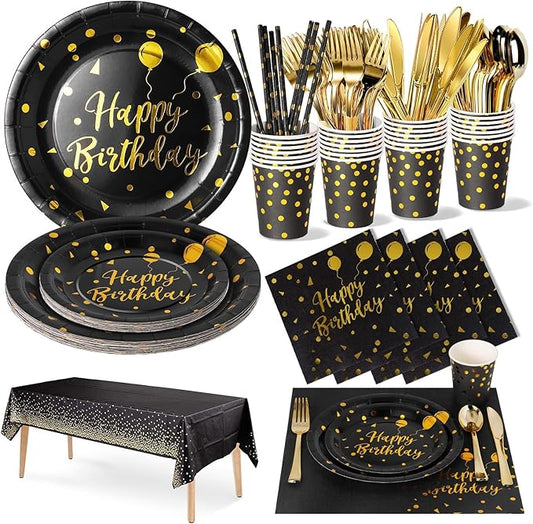 Birthday Party Tableware, 161 Pieces Black Gold Party Supplies, Party Dinnerware Sets Include Paper Plates Napkins Cups Silverware, for Shower Engagement Parties Decoration -20 Serves