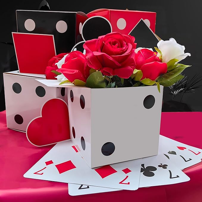 12 Pcs Dice Favor Boxes 6 x 6 x 6 Inch dice Boxes Bulk for centerpieces Casino Party Decorations Game Night Decorations Casino Themed Party Goodie Boxes Gift Box (Black, White, Red)