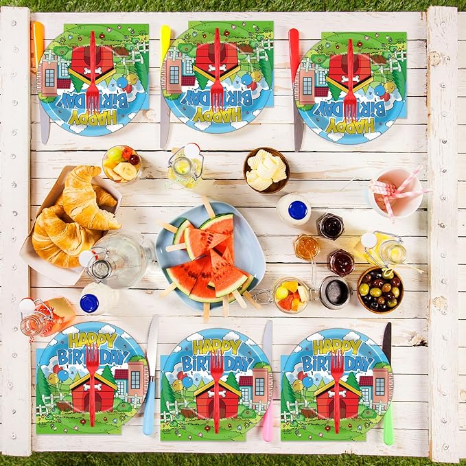96Pcs Cute Dog Red House Birthday Party Supplies Cartoon Dog Red House Paper Plates and Napkins Puppy Theme Disposable Tableware Set for Kids Birthday Baby Shower Party Decorations Serves 24