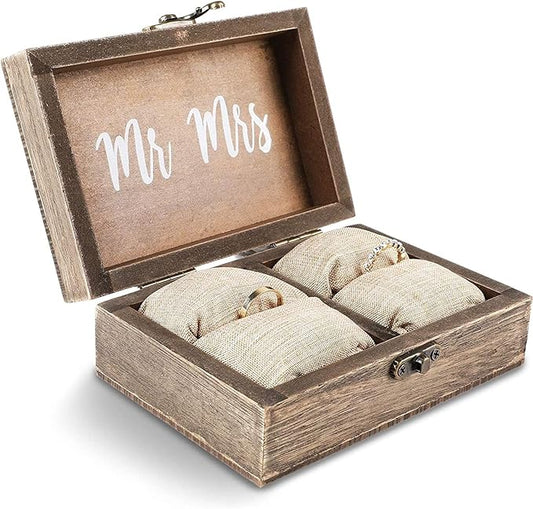 Juvale Ring Bearer Box - 6 x 4 x 2 in, Brown Rustic Wood - Wedding Ring Box for Ceremony with Burlap Pillow & Mr & Mrs Inscription