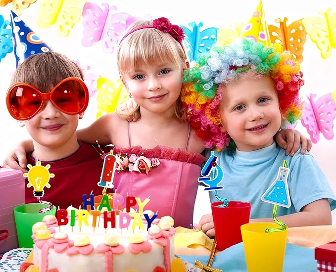 24pcs Science Theme Shaped Straws Reusable Plastic, Drink Cocktail Straws with Cartoon Decorations Mad Scientist Party Supplies Birthday Party Favors