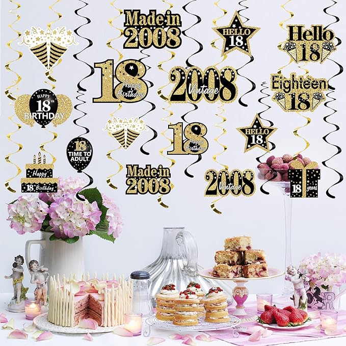Turypaty 18th Birthday Decorations Hanging Swirls for Boys Girls, Black Gold Vintage 2008 18th Birthday Foil Swirls Party Supplies, Eighteen Year Old Birthday Ceiling Hanging Decorations
