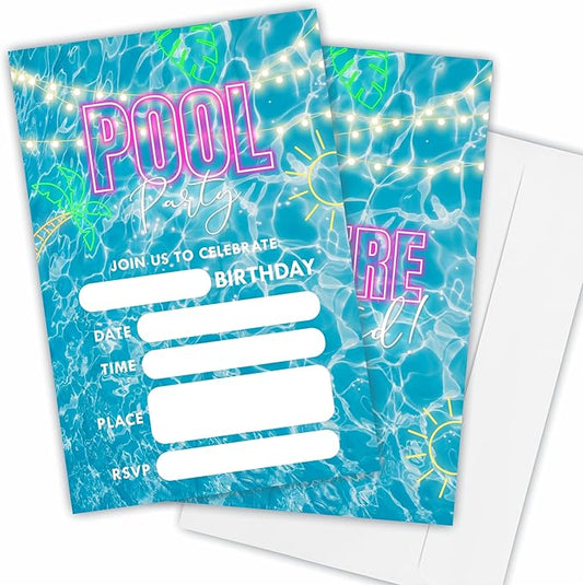 Pool Party Birthday Invitations(4"X 6"), Glow Neon & Water, Swimming Party Double-Sided Invites, Boys, Girls, Birthday Invites With Envelopes, Party Decoration & Supplies - Pi- A03