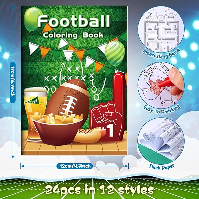 BenLouis 24 Pcs Football Mini Coloring Books Kids Football Theme Party Favors Small Activity Books Bulk for Kids Super Football Bowl Birthday Goodie Bags Stuffers Return Gifts Classroom Travel