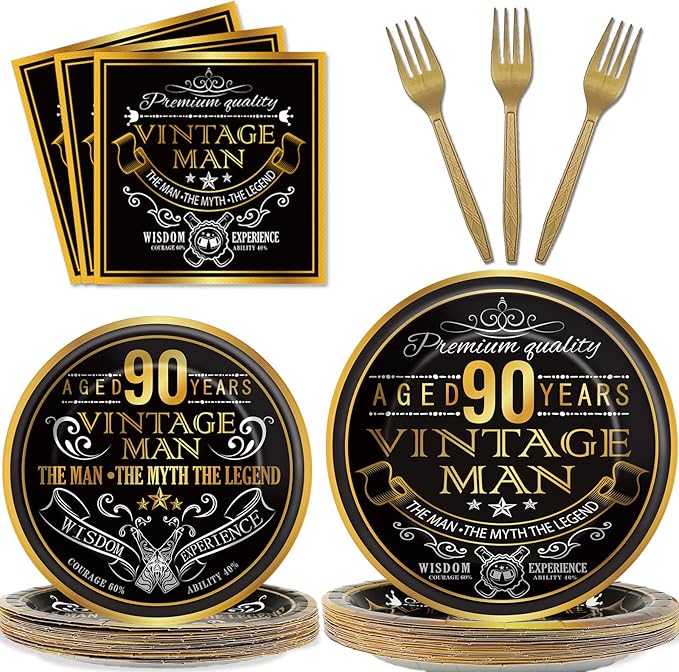 Wiooffen 96 Pcs Vintage 90th Party Tableware Set Back in 1936 90th Theme Birthday Party Table Decoration Supplies Cheers to 90 Years Paper Plate Napkin Fork 24 Guests for Men