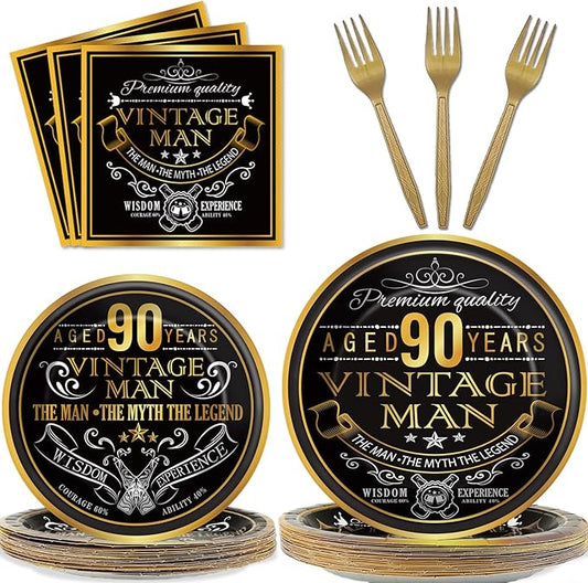 Wiooffen 96 Pcs Vintage 90th Party Tableware Set Back in 1936 90th Theme Birthday Party Table Decoration Supplies Cheers to 90 Years Paper Plate Napkin Fork 24 Guests for Men