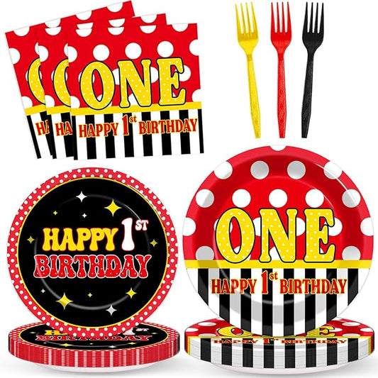 MinFyberd 96 Pcs Mouse 1st Birthday Party Plates and Napkins Set Cartoon Mouse Party Decorations Red Black Yellow Paper Dessert Plates Polka Dot Tableware Set for Boys Girls 24 Guests