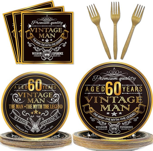 Wiooffen 96 Pcs Vintage 60th Party Tableware Set Back in 1966 60th Theme Birthday Party Table Decoration Supplies Cheers to 60 Years Paper Plate Napkin Fork 24 Guests for Men