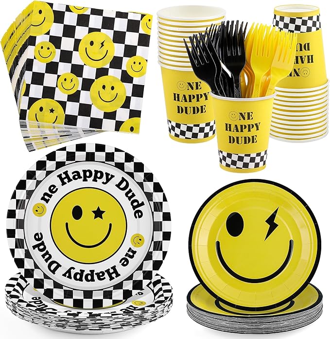 Kochorie 144 Pieces One Happy Dude Party Tableware Sets including Disposable Plates Napkins Cups Forks Serves 24 for Smiley Face 1st Birthday Preppy Party Decorations
