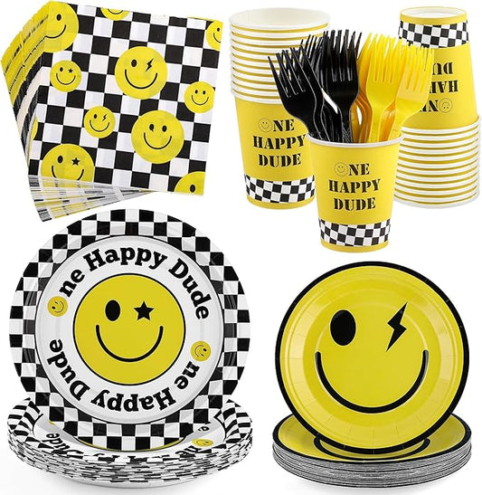 Kochorie 144 Pieces One Happy Dude Party Tableware Sets including Disposable Plates Napkins Cups Forks Serves 24 for Smiley Face 1st Birthday Preppy Party Decorations
