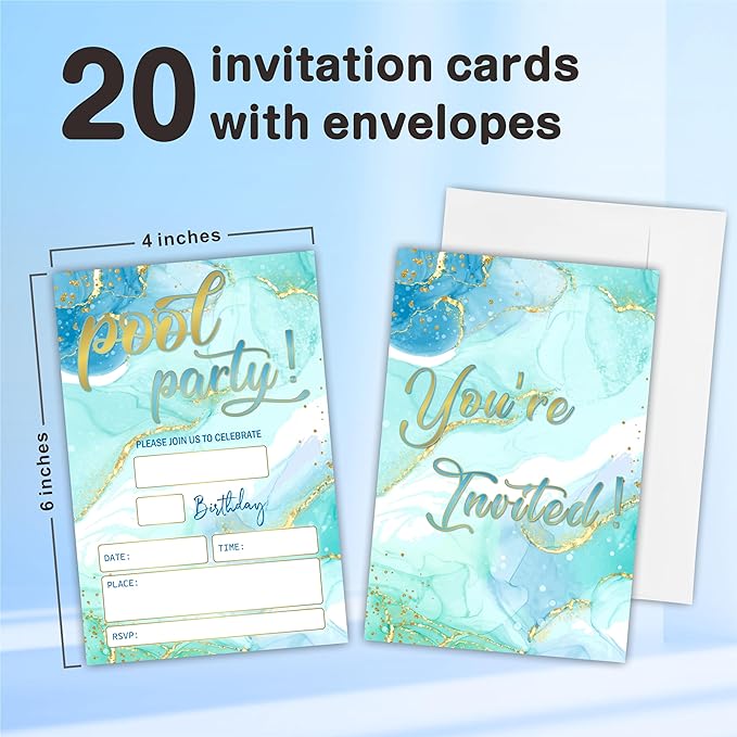Pool Party Birthday Invitations(4"X 6"), Gold & Blue Double-Sided Invites, Kids & Adults Birthday Invites With Envelopes, Party Decoration & Supplies - Pi- A08