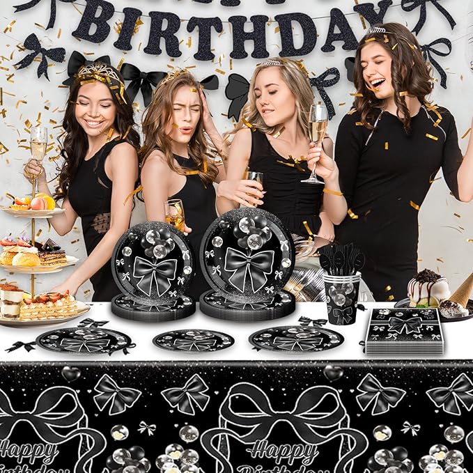 171Pcs Black Silver Bow Birthday Party Decorations for 20 Guests - Black Silver Bow Tableware Plates Napkins Forks Cups Straws Tablecloch for Baby Shower Birthday Party Decorations