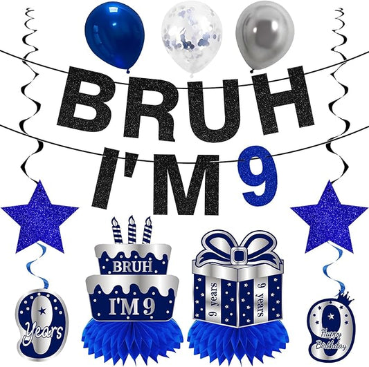 Kuxriox 11Pcs 9th Birthday Decorations for Boys Men, Blue Sliver Happy 9th Birthday Banner, Bruh I'm 9 Balloons Centerpieces Swirls Party Supplies, Nine Bday Banner Ceiling Table Topper Sign