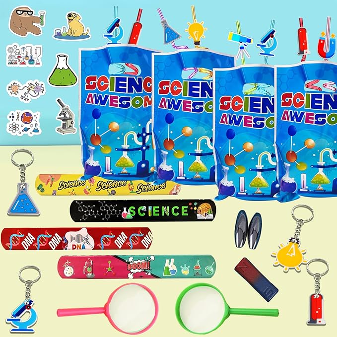 QZYCMHOO 111PCS Science Party Favors Set, Lab Birthday Decorations Including Slap Bracelets, Keychains, Gift Bags, DIY Stickers, Drinking Straws, Science Birthday Supplies