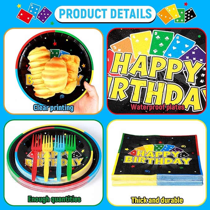 96Pcs Card Themed Birthday Party Plates and Napkins Card Game Decor Colorful Gaming Night Paper Disposable Dessert Cake Plates Gaming Themed Tableware Set for Adults Baby Shower Sleepover 24 Guests