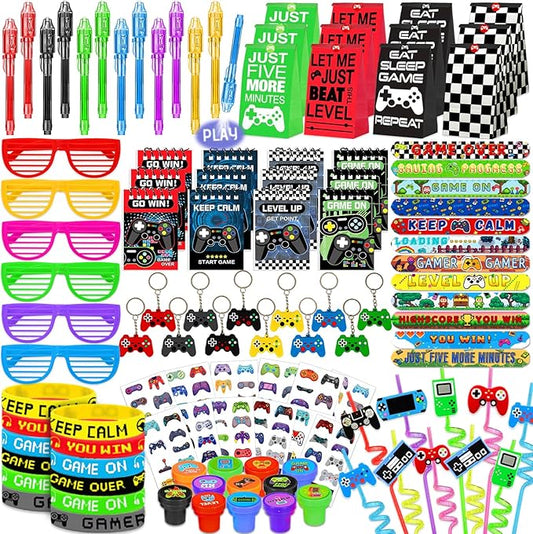FINDRICH 120 PCS Video Game Party Favors, Gamer Gaming Party Favors - Glasses Invisible Ink Pens Notebooks Drinking Straws Stamps Tattoo Stickers Gift Bags for Game On Birthday Parties Favor Supplies