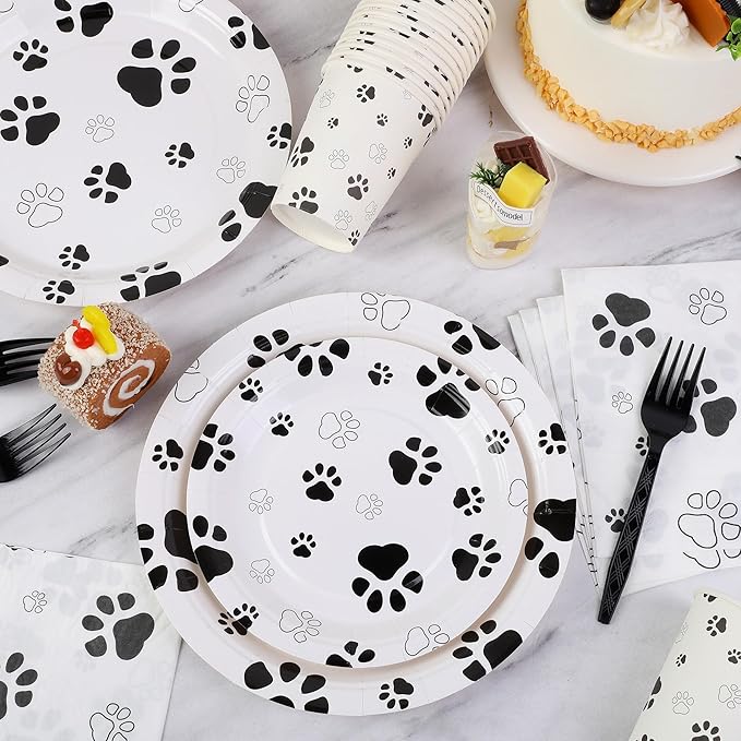 Kochorie 144 Pieces Black Paw Print Party Tableware Sets Including Disposable Plates Napkins Cups Forks Serves 24 for Dog Puppy Theme Party Supplies