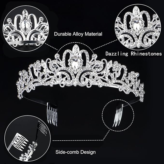 QIFU Bachelorette Party Decorations - 3pcs Bridal Shower Decorations include Bride to Be Crown Sash Veil for Women Bachelorette Hen Party Favors Accessories Wedding Decor Bridal Shower Gifts (Silver)
