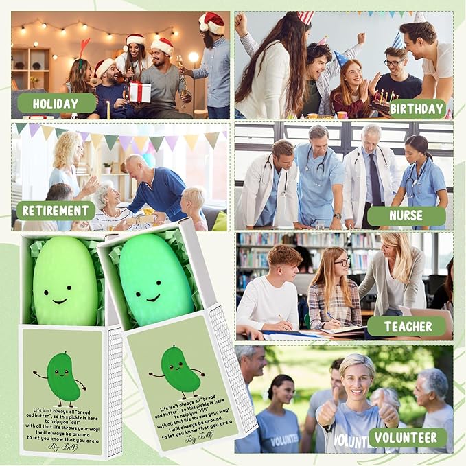 Wettarn 100 Sets Appreciation Pickle Gifts Cute Stress Balls with Support Gift Boxes Inspirational Party Favors for Employee Coworker Friends Office Positive Relief Toys