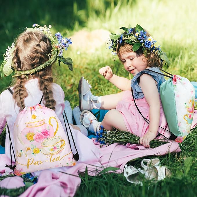 Censen 24 Pcs Tea Party Drawstring Bags Set Bulk 12 x 10 Inch Spring Themed Bags for Girls Boys Kid Birthday Baby Shower Party