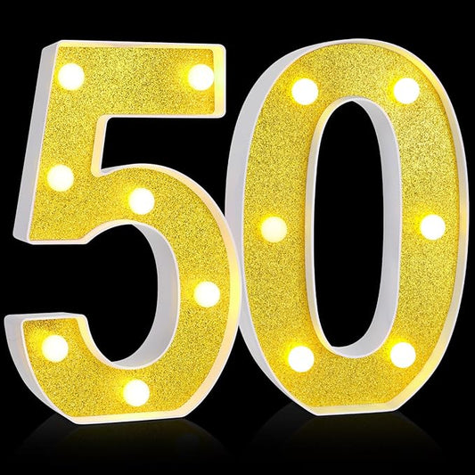 Treela 8.7'' Birthday Decorative LED Light up Numbers, Glitter Marquee Number Sign for Night Birthday Party Decorations Anniversary Bar LED Sign Backdrop Wall Table Centerpieces(50th,Gold)