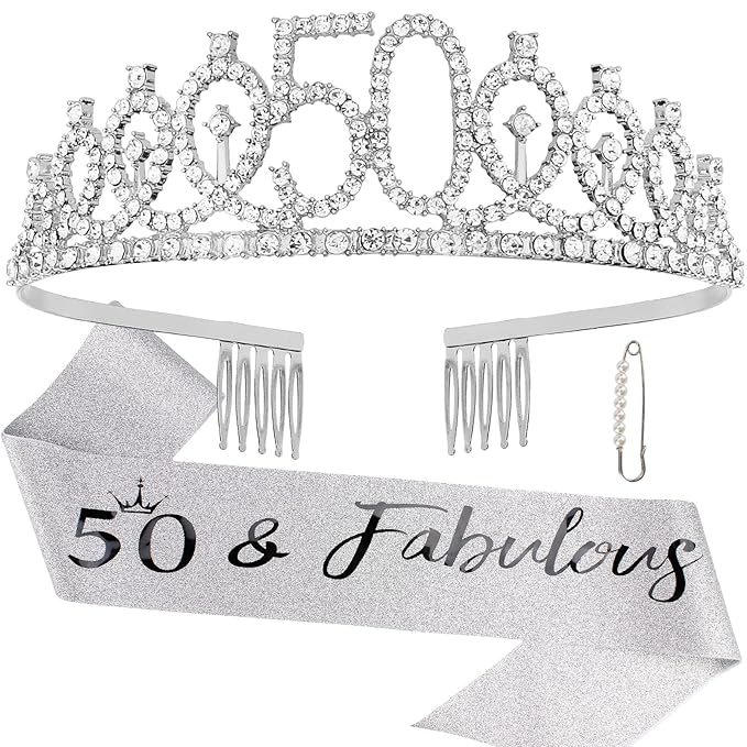 "50 & Fabulous" Birthday Tiara and Sash Kit- 50th Birthday Gifts for Women 50th Birthday Party Decorations (silver)