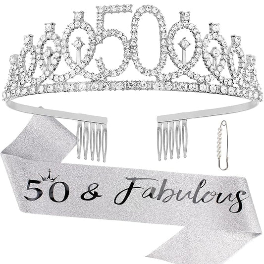 "50 & Fabulous" Birthday Tiara and Sash Kit- 50th Birthday Gifts for Women 50th Birthday Party Decorations (silver)
