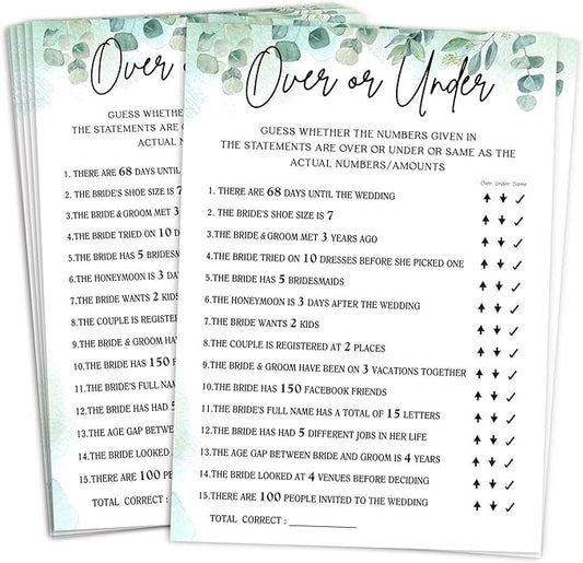 30 Pcs Green Leaves Bridal Shower Games Cards, Over Or Under Wedding Game, Engagement Party Games Activity Supplies, Wedding Games for Reception