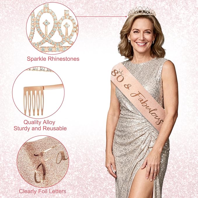 80th Birthday Decorations for Women - Rose Gold 37Pcs Golden Years Celebration Party Kit with Banner, Backdrop, Tiara, Sash, Cake Topper, Latex Balloons, Hanging Swirls, Centerpieces | Party Supplies