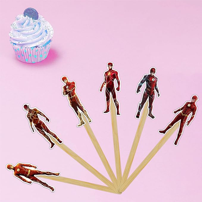 "Flsh Cupcake Topper – Superhero Theme Birthday Party Cupcake Picks for Boys and Girls – Red and Yellow Lightning Bolt Dessert Decorations for Birthday Parties, Events, and Themed Celebrations"