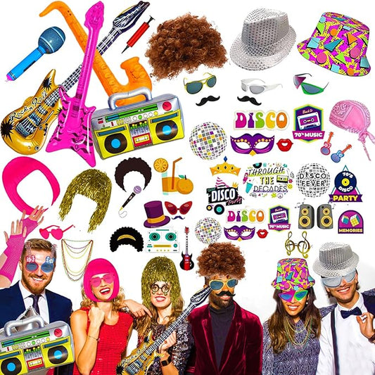 50 Pcs Rock Party Photo Booth Props Set for Adults, Funny Rock Star Party Sunglasses, Hats, Wigs, Inflatable, Photo Booth Props Kits for Graduation, Wedding, Birthday, Bachelorette and All Occasions