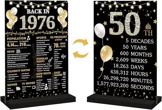 Roetyce 50th Birthday Decorations Gift for Women Men, Black Gold Back in 1976 Poster Acrylic Sign Centerpiece(1PC Duplex Printing), 50th Anniversary Table Decor, 50 Years Old Birthday Party Supplies