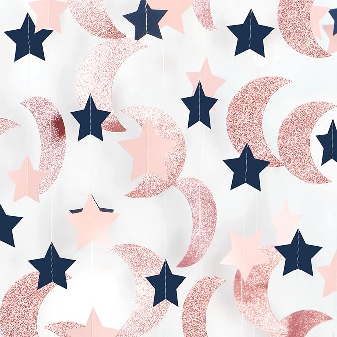 Rose-Gold Moon-Star Party Decorations Garland - 52Ft Navy Blue Pink Twinkle Little Star Hanging Decoration Streamers Banner, Eid Ramadan Mubarak Decoration Birthday Wedding Baby Shower Decor Panduola
