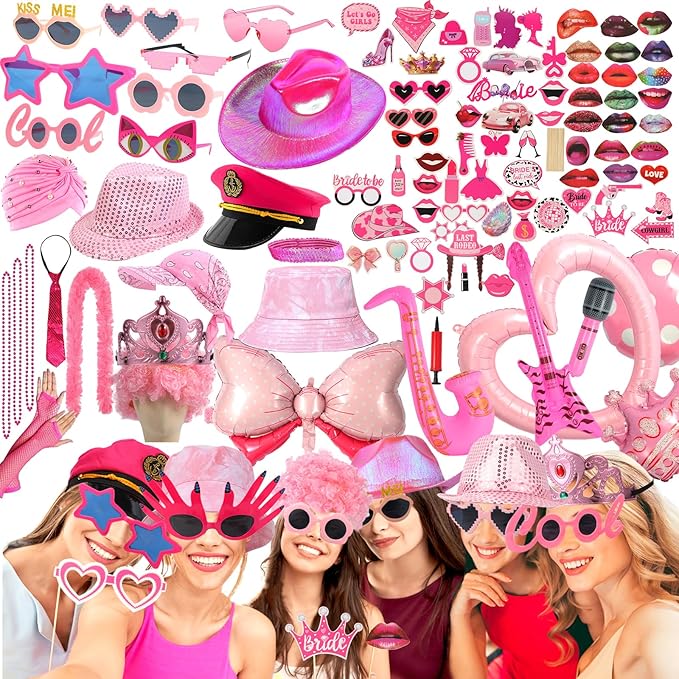 Bulk Premium Hot Pink Funny Photo Booth Props Set for Women, Cute Hot Pink Hats, Glasses, Wig, Inflatable Props, PhtotBooth Props Kit for Girls Bachelorette, Wedding, Bridal Shower and All Occasions
