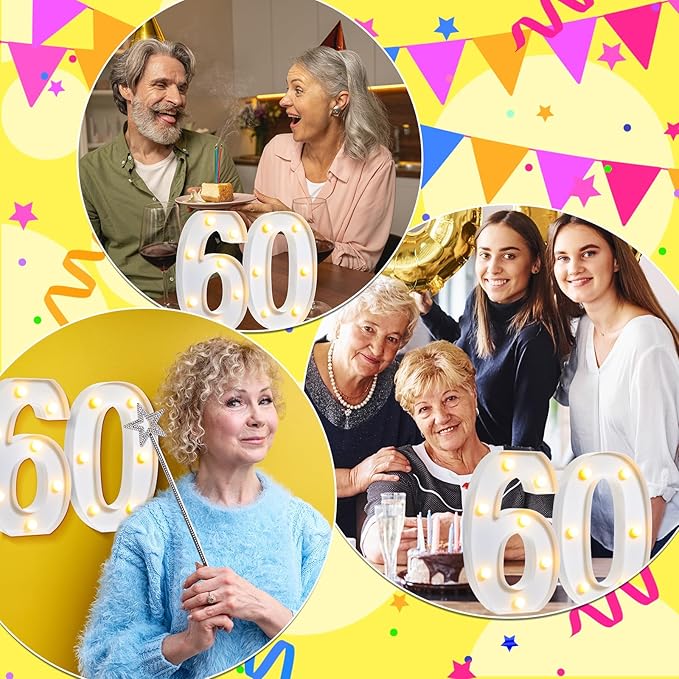 Treela 8.7'' Birthday Decorative LED Light up Numbers, Glitter Marquee Number Sign for Night Birthday Party Decorations Anniversary Bar LED Sign Backdrop Wall Table Centerpieces(60th,White)