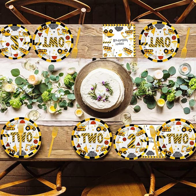 345 Pcs Construction 2nd Birthday Party Supplies, Dump Truck Two Years Old Party Decorations Include Backdrop, Balloons Box, Hanging Swirls, High Chair Banner, Hat, Tablecloth, Plates, Cake Toppers