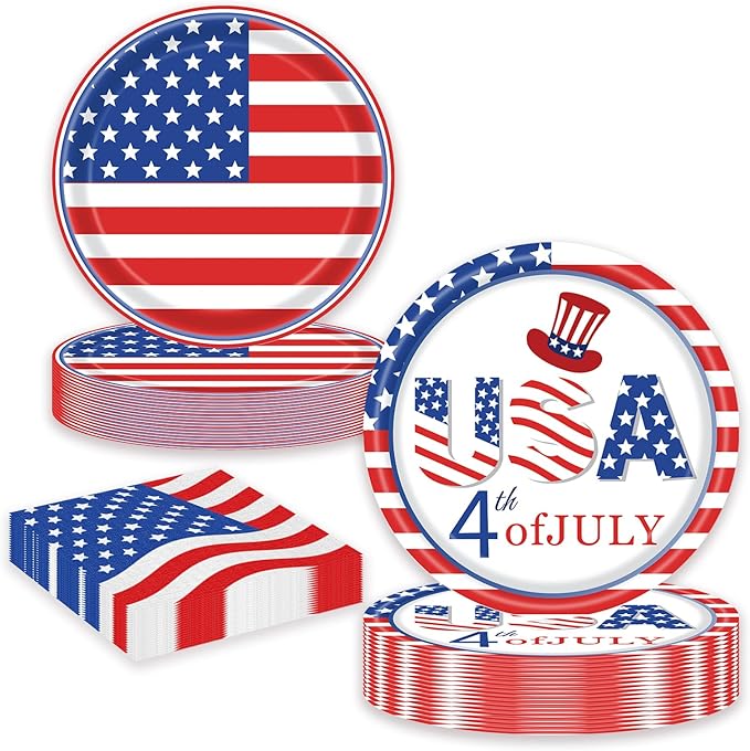 60Pcs Patriotic Plates and Napkins, 4th of July Tableware Party Supplies Disposable Dinner Dessert Paper Plates and Napkins for Independence Day, Labor Day, Veterans Day, Election Day Decorations