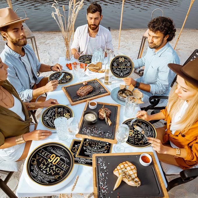 Wiooffen 96 Pcs Vintage 90th Party Tableware Set Back in 1936 90th Theme Birthday Party Table Decoration Supplies Cheers to 90 Years Paper Plate Napkin Fork 24 Guests for Men