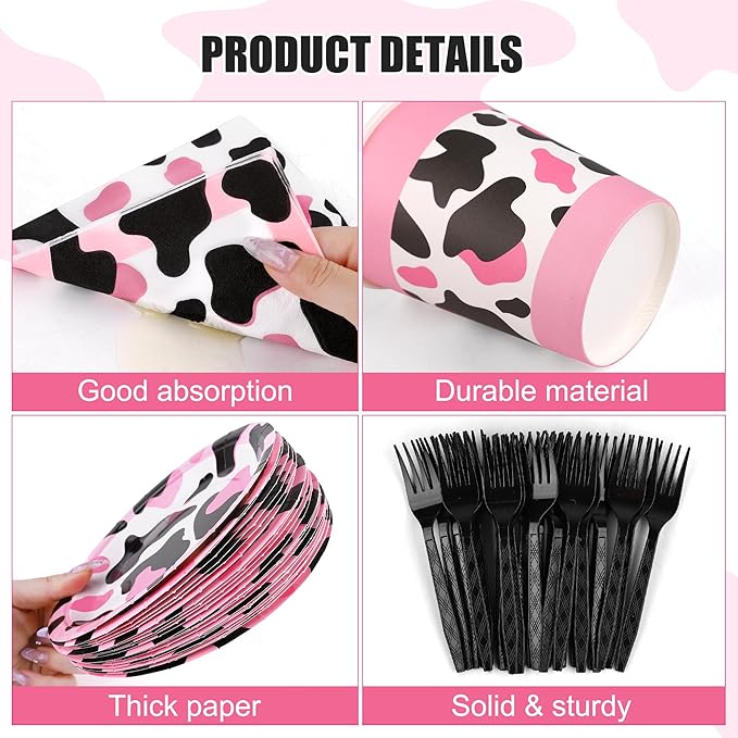 Kochorie 144 Pieces Pink Cow Print Party Tableware Sets Including Disposable Plates Napkins Cups Forks Serves 24 for Cow Theme Farm Animal Party Supplies