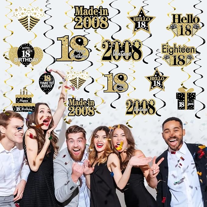 Turypaty 18th Birthday Decorations Hanging Swirls for Boys Girls, Black Gold Vintage 2008 18th Birthday Foil Swirls Party Supplies, Eighteen Year Old Birthday Ceiling Hanging Decorations