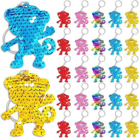 CiciBear 25 Pack Monkey Sequin Keychains for Zoo Themed Party Favors, Kids and Adults Birthday Gift, Jungle Safari Animals Baby Shower, Party, 5 Colors