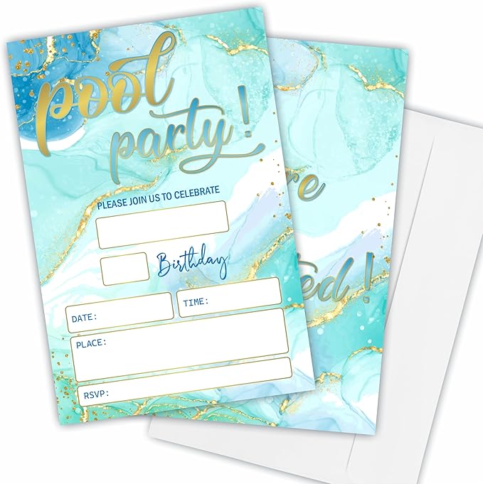 Pool Party Birthday Invitations(4"X 6"), Gold & Blue Double-Sided Invites, Kids & Adults Birthday Invites With Envelopes, Party Decoration & Supplies - Pi- A08
