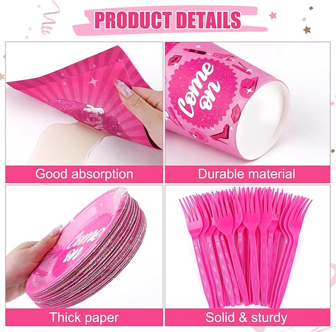 Kochorie 144 Pieces Let's Go Party Tableware Sets Including Disposable Plates Napkins Cups Forks Serves 24 for Birthday Disco Pink Girl Party Supplies